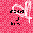Pixelated icon with pink checkered background, black text reading 'sofia y luisa', and white stylized graphic resembling a musical note or abstract shape.