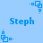 Blue pixelated text 'Steph' on light blue background with repeating blue square-dot animation elements.