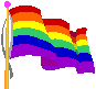 Four pixelated rainbow flags on orange poles with pink tops, displayed in a against a gray background