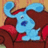 Blue cartoon dog with large ears and a dark blue nose sits on a brown couch, red cushions visible.