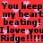 Red background with repeated black text and pink heart shapes, displaying phrases like "You keep my heart beating!" and "I love you Ridge!!!"