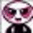 A cartoon character with large red eyes and a black outfit appears in four showing subtle facial expression changes