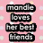 Pixelated text blocks on pink background with white sparkles, displaying phrases about friendship and specific names.