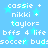 Blue background with light blue stars and repeated white text reading 'cassie + nikki + taylor= bfss 4 life soccer bud' in two identical horizontal sections.