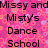 Static image with pink floral background displaying text for a dance school and phone number, plus partial view of two figures in magenta pants.