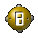 Six variations of a golden spherical icon with metallic bolts and a white rectangular frame containing two yellow squares, displayed in a