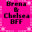 A static pink background with white dotted borders and star shapes, displaying four identical text blocks reading "Brena & Chelsea BFF" in black pixelated font.