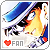Pixelated character with blue hair and orange-yellow gradient body, holding a black object, red heart symbol, and 'FAN' text below.