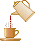 Animated sequence of a light beige teapot pouring into a copper cup on a saucer, with steam rising from the cup and red liquid flowing from the spout.