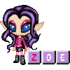 Pixelated elf-like character with purple hair, blue eyes, pink eyeshadow, and striped leggings stands beside three purple blocks displaying ZOE.