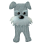 Pixelated dog icon with light gray fur, white beard, black nose and eyes; left view shows upright posture while right view shows raised paw.