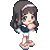 Pixel art character in sailor-style uniform with red neckerchief, brown hair, and pink headband, shown in six poses with varying facial expressions and arm positions.