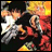 Pixelated anime-style image of two characters in dynamic pose with fiery background and text overlay on black