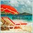 Pixelated beach scene with turquoise water, sandy shore, and red-orange foliage on a hill under a light blue sky.