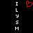 Red pixelated heart symbol centered above vertical white text 'ILYSM' on black background, with identical text mirrored on both sides.