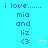 Pixelated blue text on cyan background reads 'i love....... mia and liz <3' with a white heart symbol replacing the '<3' in the second view.