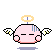 Pixelated pink spherical character with white wings, yellow halo, and closed eyes; four variations show different blue line patterns on its head against gray background.