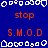 Blue background with repeating white pixel art shapes and orange text reading stop and S.M.O.D. in a pattern