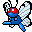 Pixelated blue insect with red eyes and white wings in six sequential poses showing wing and leg movement against gray background.