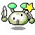 Pixelated character with green antennae and white face holds yellow star and candle in four sequential poses.