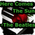 Pixelated green text reads 'Here Comes The Sun -The Beatles' over a black-and-white image of a person with red hair and white clothing.