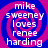 A static image with a blue and pink spiral background displaying white text reading "mike sweeney loves renee harding" in four identical quadrants.