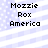 Pixelated text 'Mozzie Rox America' on a light blue and white striped background with small white dots.