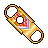 Pixel art of a golden keychain with brown accents, featuring red and blue geometric patterns on its central loop against a gray background.