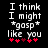 Black background with white pixelated text reading "I think I might *gasp* like you" and red heart symbols below, showing animation change in one heart's color.