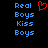 Pixelated text 'Real Boys Kiss Boys' in blue on black background with red heart symbol above the first word.