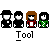 A 4x3 contact sheet of pixel art frames showing a Tool band icon animation with character variations and text changes, displayed on gray background.
