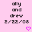 Pixelated text 'ally and drew 2/22/08' on pink background with pink heart icons, showing animation where hearts change from solid to outlined states.
