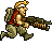 Pixel art character in red sleeveless shirt and khaki pants holding large rifle, shown in multiple running poses with slight animation frames.