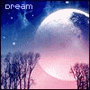 Pixelated night scene with large pinkish moon, dark tree silhouettes, blue sky with stars and clouds, and partial text 'dream' in top-left corner.