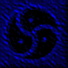 identical circular symbols with three curved segments arranged in a clockwise spiral pattern, each displayed on a distinct colored background