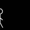White stick figures on black background show sequential motion of walking, turning, and interacting with a vertical line object.