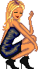 Pixel art animation of a blonde woman in a blue dress and black high heels crouching with one hand raised, shown across two frames with subtle pose changes.