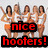 Five pixelated figures in white tops and orange bottoms stand together with arms raised, overlaid by bold red text reading "nice hooters!" on black backgrounds.