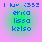 Pixelated blue text on a gradient background with four identical circular sections showing names and 'i luv <333' text.
