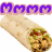 A pixelated burrito with visible fill contents sits below a row of purple 'M' characters on a light pink background.