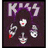 Purple background displays 'KISS' text above four stylized faces with white makeup and red lips, one face holding a cigarette with visible smoke.