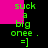 Green text on black background with pink rectangular blocks, displaying 'suck a big onee . =]' in pixelated font across two side-by-side