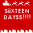 Red background with white pixelated text and icons showing "SIXTEEN DAYSS!!!!!" and Santa's sleigh with reindeer in two states: one with four reindeer, another with three. Horizontal cityscape-like border separates the top and bottom sections.