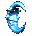 Blue crescent moon-shaped face with smooth metallic texture, multiple views showing rotation and expression changes against gray background.