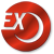 Red circular icon with white stylized text and curved line, pixelated appearance.