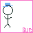 Pixel art stick figure with blue top hat, black outline, and pink border; two poses show arm positions changing from crossed to extended.