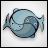 Pixelated icon of two blue fish forming a yin-yang symbol with white eyes and black pupils on light gray background.
