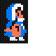 Pixelated character in blue and white outfit with orange accents performs sequential actions against black and gray backgrounds.