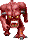 Red pixelated demon with glowing yellow eyes and open mouth showing teeth, displayed in a of poses on gray background
