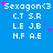 Blue background with white text and pink stars; text reads "Sexagon<3" followed by "C.T S.R", "LE J.B", "N.F A.E"; stars move across the